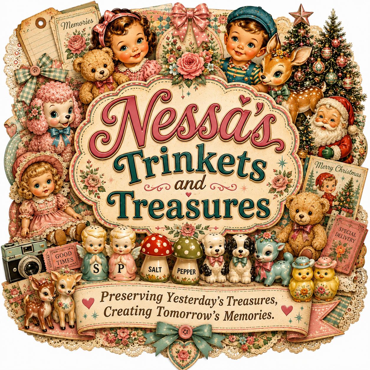 Nessa's Trinkets and Treasures logo โ a vintage scrapbook collage of dolls, teddy bears, salt and pepper shakers, and holiday keepsakes